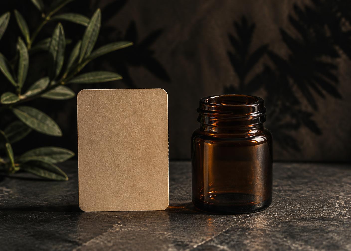 Blank kraft label card and empty amber apothecary jar on dark stone — neutral visual for reviewing official Horsewood ingredient information