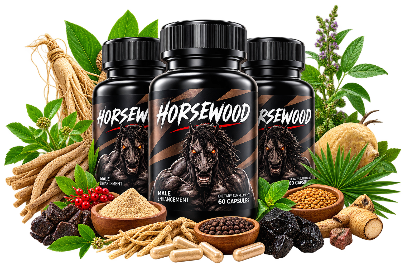Three black Horsewood dietary supplement bottles, 60 capsules each, surrounded by botanical ingredients
